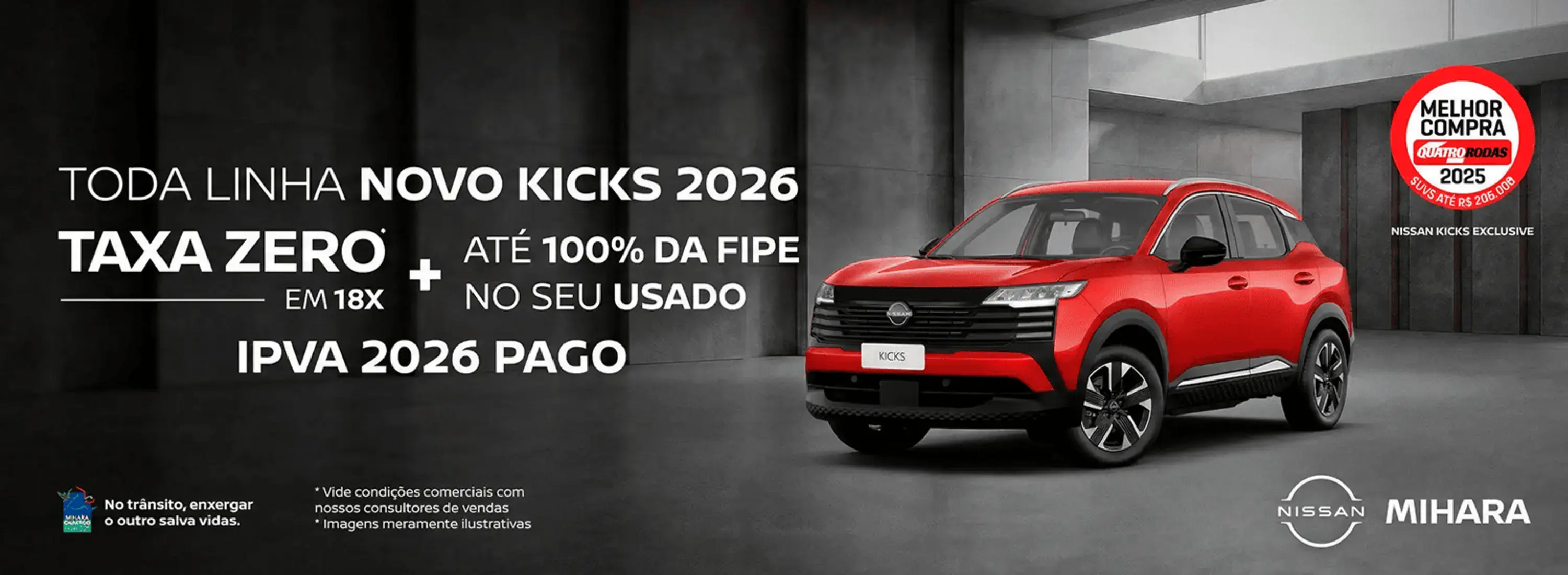 TODA LINHA NOVO KICKS 2026 TAXA ZERO EM 18X + ATÉ 100% DA FIPE NO SEU USADO - IPVA 2026 PAGO 