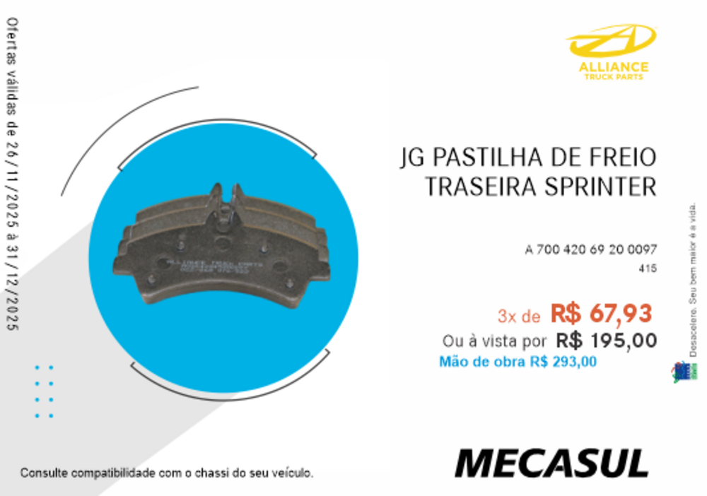 JG PASTILHA DE FREIO TRASEIRA SPRINTER